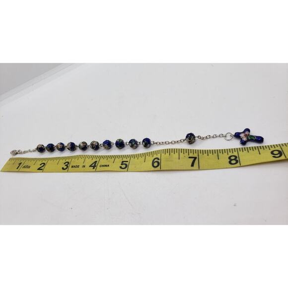 Cloisonne Flower Bead Bracelet With Rosary Cross Charm On Silver Chain - Picture 5 of 10
